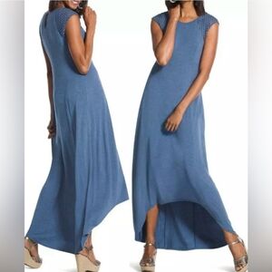 Chico's Lattice-Shoulder Hi Low Maxi Dress Blue Soft Knit Stretch Casual Travel